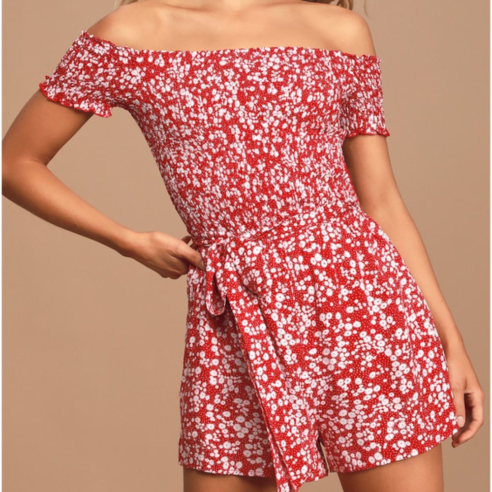 NWT Lulus Red Floral Print Smocked Off-the-Shoulder Romper